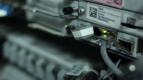 Macro Network Wire is Plugin into Computer with LED Lamp Stock-Footage 74111754