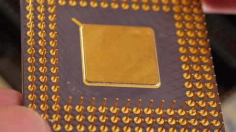Macro of an old generation computer microprocessor Stock Footage 279539221