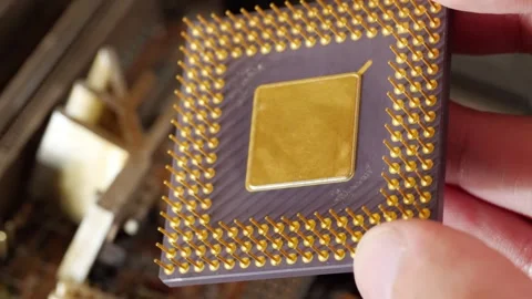 Macro of an old vintage computer microprocessor Stock Footage 279539232