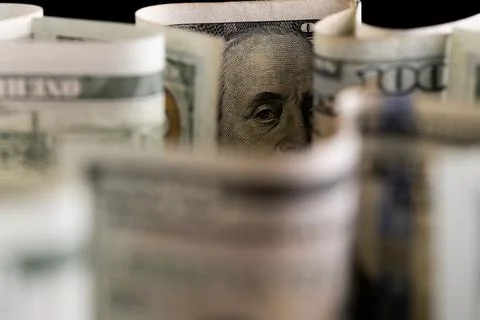 Macro of One Hundred Dollar Bills in Selective Focus with Wavy Texture Stock Photos