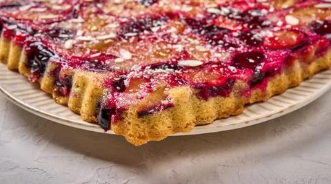 Macro panoramic view pie or tart with plums on plate on light wooden background Stock Photos