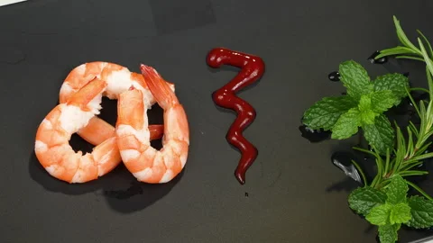Macro of Peeled Cooked Vietnamese Whiteleg Shrimp and Sauce Rotating Stock Footage 339634538