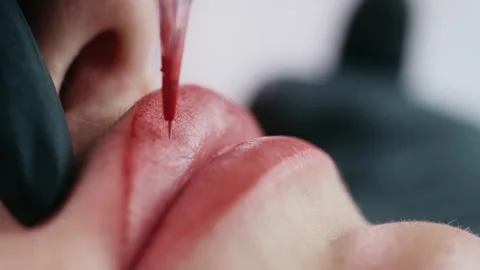 Macro Permanent Lip Tattoo Procedure 스톡 동영상 341569857