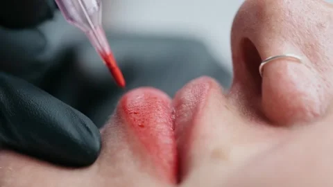 Macro Permanent Lip Tattoo Procedure Video stock 341599992