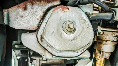 Macro perspective of diesel engine generator belt mechanism, showcasing pul.. 写真素材