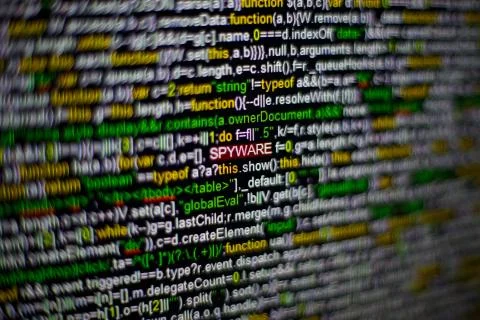 Macro photo of computer screen with program source code and highlighted SPYWARE Foto stock