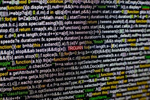 Macro photo of computer screen with program source code and highlighted TROJAN Foto stock