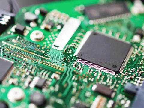 Macro photo of hard disk controller board. IT detail in computer. Stock Photos