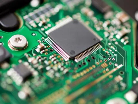 Macro photo of hard disk controller board. IT detail in computer. Stock Photos