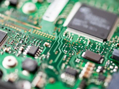 Macro photo of hard disk controller board. IT detail in computer. Foto stock