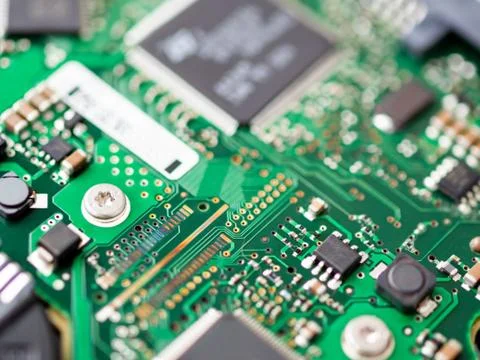 Macro photo of hard disk controller board. IT detail in computer. Stock Photos