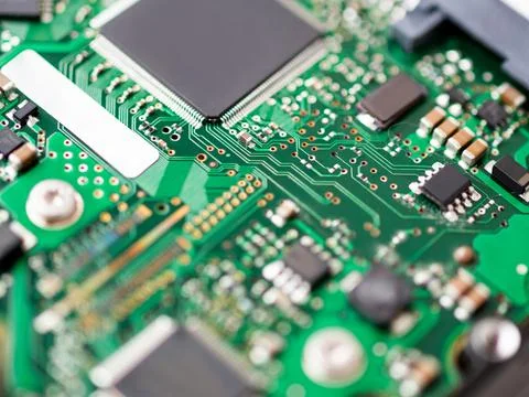 Macro photo of hard disk controller board. IT detail in computer. Technical b Foto stock