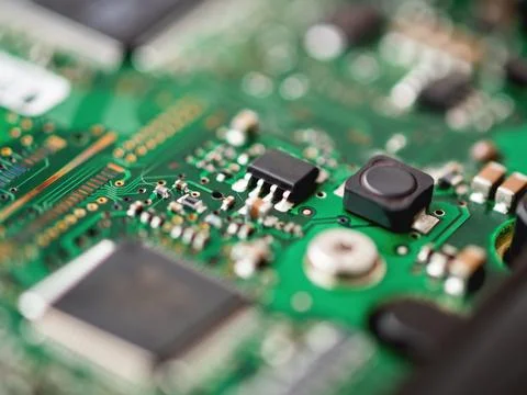 Macro photo of hard disk controller board. IT detail in computer. Technical b 스톡 사진