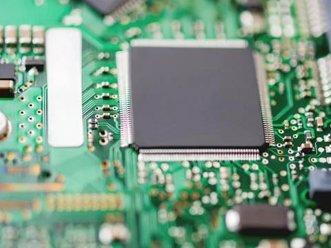 Macro photo of hard disk controller board. IT detail in computer. Technical b Stock Photos