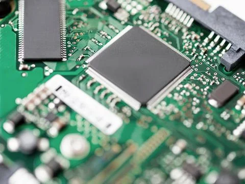 Macro photo of hard disk controller board. IT detail in computer. Technical b Stock Photos