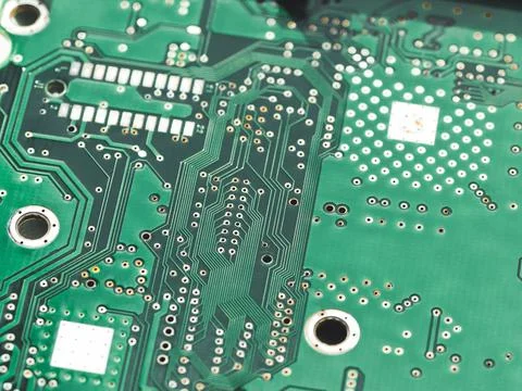 Macro photo of hard disk controller board. IT detail in computer. Technical b 스톡 사진