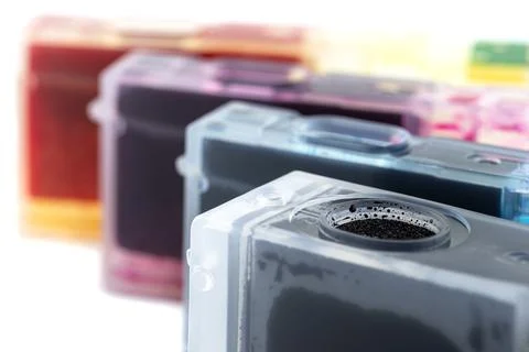 Macro photo of set of printer ink cartridges, blurred background, isolated on Foto stock