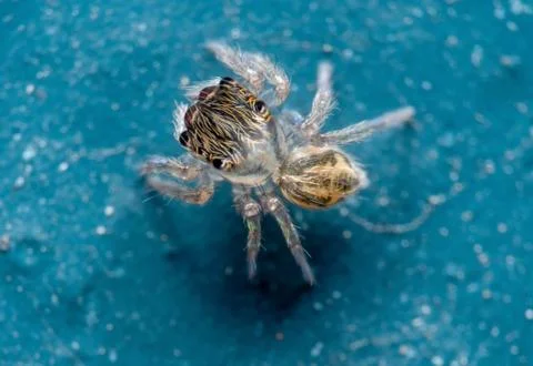 Macro Photo of Tiny Jumping Spider Isolated on Blue Floor Stock Photos