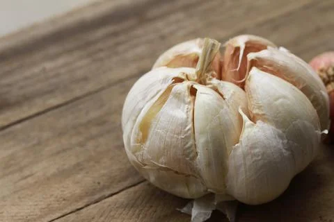 Macro photography garlic on the table Stock Photos