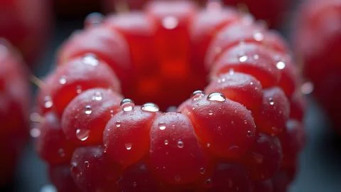 Macro photography showcasing a vibrant raspberry with glistening droplets c.. Stock Photos