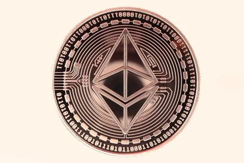 Macro physical version of the digital ethereum silver coin Stock Photos