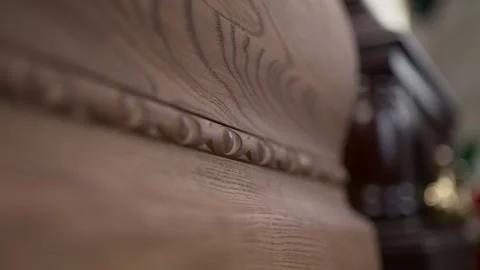 Macro plan of the pattern on a wooden coffin. The concept of loss and burial. Stock Footage 309506218