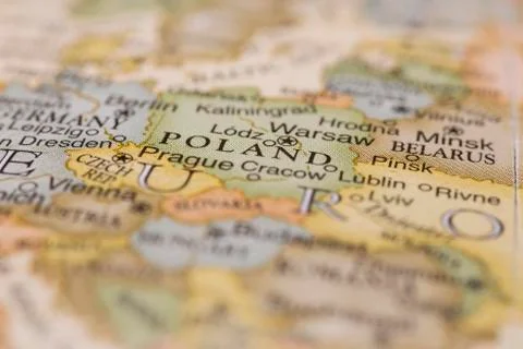 Macro of Poland on a globe, narrow depth of field Stock Photos