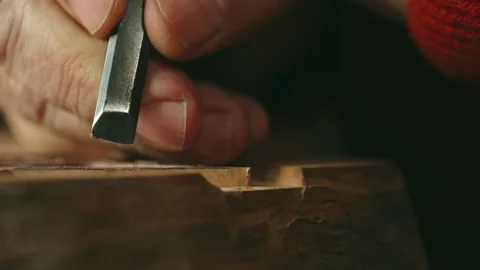 Macro Precision Wood Carving with Small Chisel, 4K Artisan Craftsmanship Vídeos de archivo 328321329
