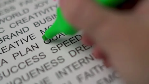 Macro, the Process of Underlining a Large Printed Text "QUALITY"with a Green Mar Stock Footage 139635239
