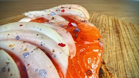 Macro Pullback of Prosciutto and Salmon with Peppercorn Detail Stock Footage 326280686