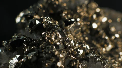 Macro, Pyrite Crystals with Quartz Crystals on Black Background Stock Footage 101609954