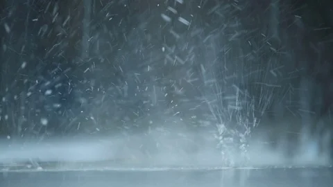 Macro Rain Drops Fall Recoil from Puddle Surface Stock Footage 72566072
