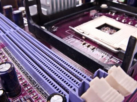 Macro of the ram memory slots in a pc motherboard Stock Photos