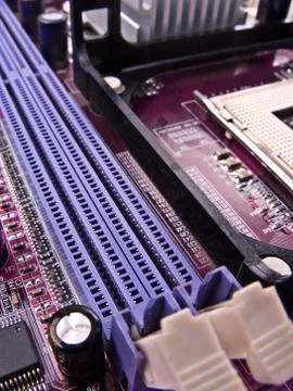 Macro of the ram memory slots in a pc motherboard Stock Photos