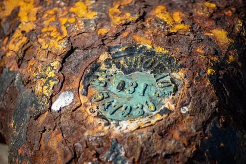 Macro of a rusty mooring post on the waterfront Stock Photos