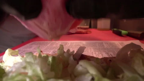Macro Sandwich Making in Shop Add Meat Stock Footage 137564552