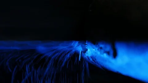 Macro of sawing wood with a hacksaw in the workshop. Blue light Stock Footage 103961761