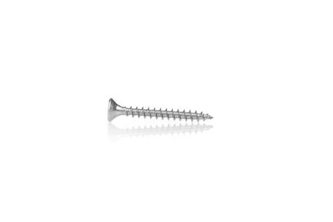 Macro screw of silver color on a white background Stock Photos