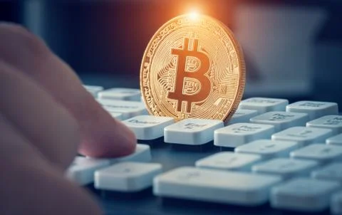 Macro shiny bitcoin on computer keyboard and male hand touching computer key Stock-Fotos