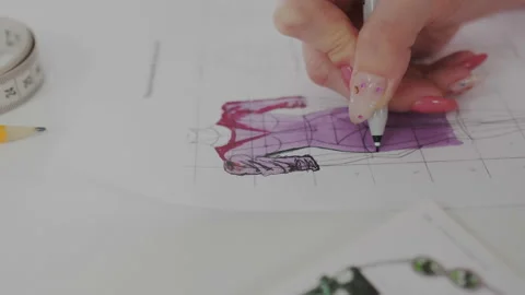 Macro shoot. Womans hand creates sketch or an outline of feminine dress using Stock Footage 107963873