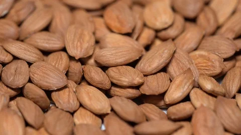 Macro shooting of apricot kernels heap. Slowly rotating on the turntable isolate Video stock 112934079