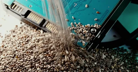 Macro shooting of chia seeds falling on the corner of the hard drive and wires Stock Footage 154247842