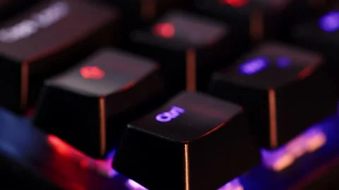 Macro shooting of the rgb keyboard with backlight. Focusing on the highligh.. Stock Footage 234792767