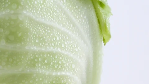 Macro shooting of side part of one whole mini white cabbage with water drops. Stock Footage 93843433
