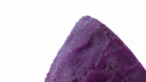 Macro shooting of upper part of one half mini red cabbage with water drops. 스톡 동영상 93844143