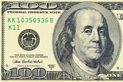 Macro shot of a 100 dollar. benjamin franklin as depicted on the bill Stock Photos