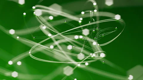 Macro shot animation with shiny lines connecting metallic spheres Video stock 312577862
