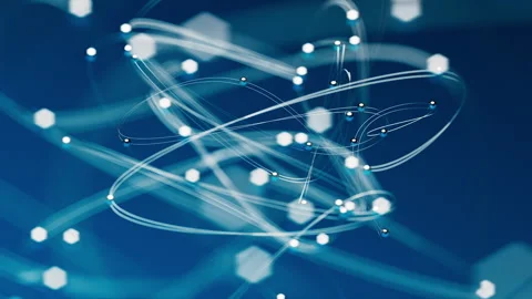 Macro shot animation with shiny lines connecting metallic spheres Stock Footage 317501579