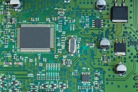 Macro shot of back side circuit board. Top view with copy space. Stock Photos