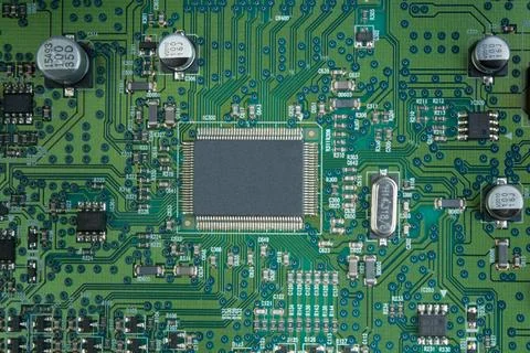 Macro shot of back side circuit board. Top view with copy space. Foto stock